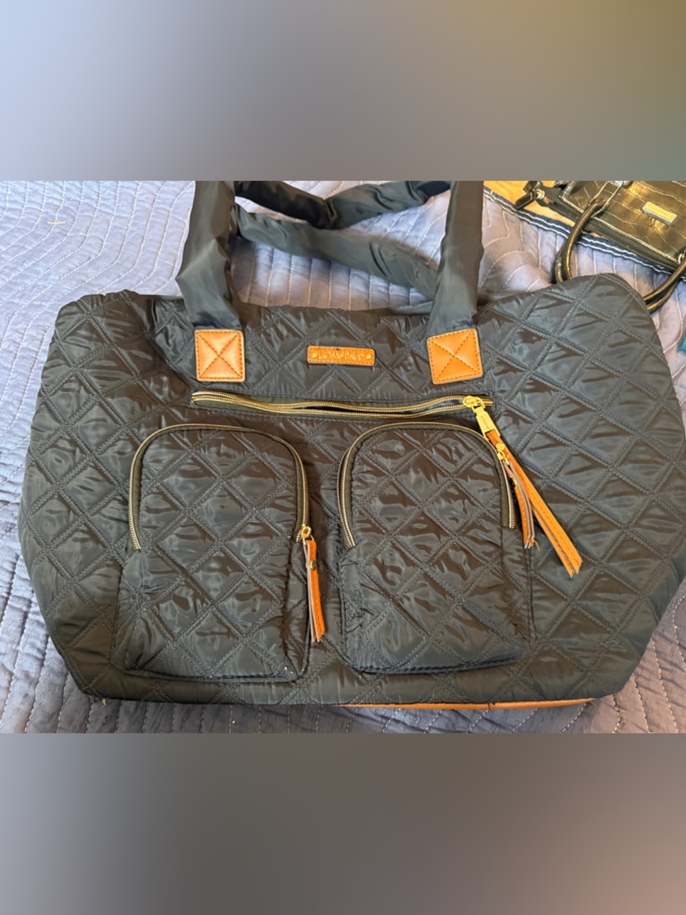 Joan & David Quilted blue Tote with Tan Accents